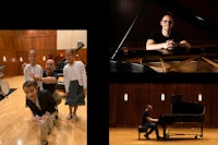four pictures of a group of people and a piano